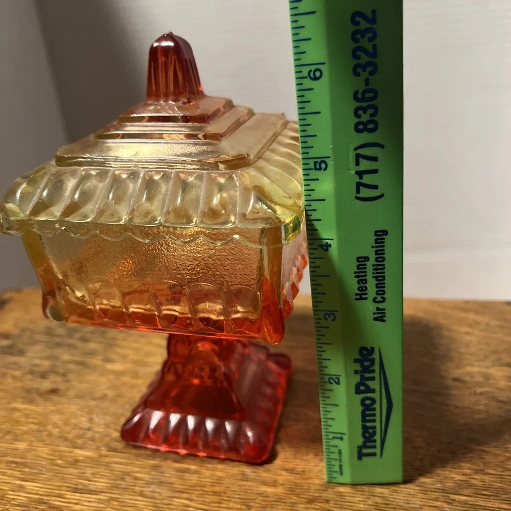Vintage Jeannette Glass Pedestal Candy Dish Lid Red Yellow Square MCM 6.5in